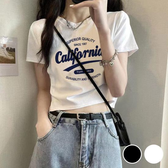 크롭 기장 영문 프린팅 반팔 티셔츠 코튼 데일리