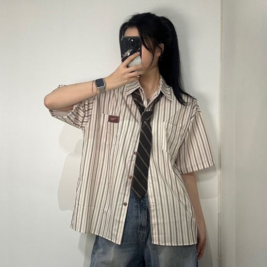 셔츠 + 넥타이 오버핏 스트라이프 반팔 남방 2color