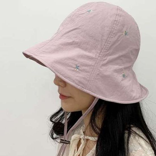 [애슬릿]엄마 여름 모자 꽃 자수 턱 끈 벙거지 버킷햇