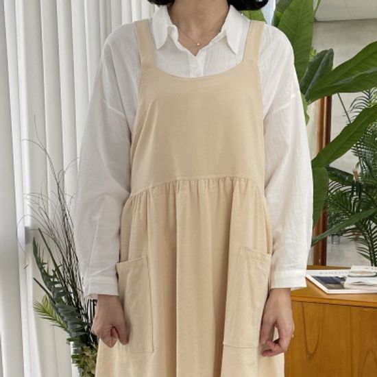 쿠이나 자체제작 프릴 와이드 린넨 앞치마 원피스