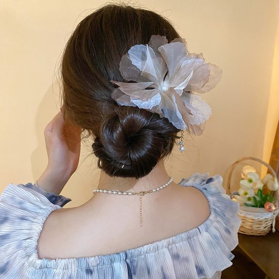 수채화 쉬폰 플라워 체인 진주 드롭 비녀 헤어비녀 핀