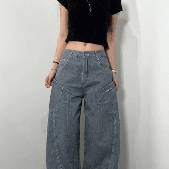 여성 스트라이프 바지 항아리 데님 팬츠