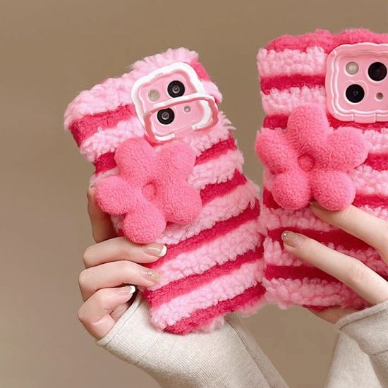 아이폰15 14 13 12 뽀글이 핑크꽃 양털 거치대 케이스