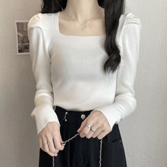 여성 스퀘어넥 골지 긴팔 니트