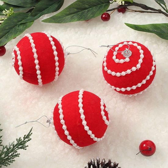 핫레드 패브릭 장식볼 3p(8cm) (진주 라인)