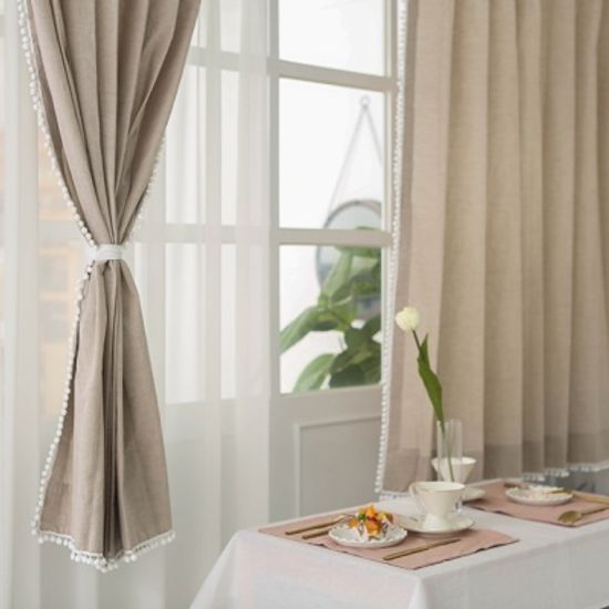 레브 무지 폼폼 커튼-베이지