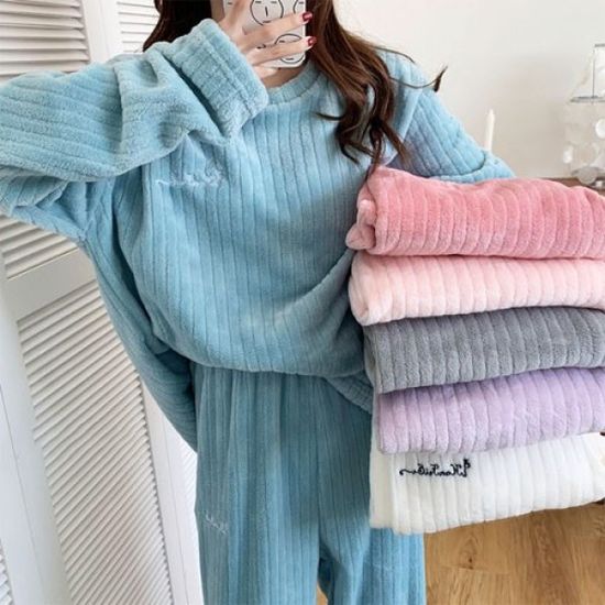 레터링 단색 극세사 수면 잠옷 세트 홈웨어 수면잠옷