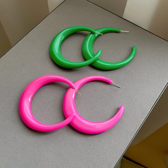 키치 복고 빅 C자형 핫핑크 그린 후프 귀걸이 컬러링