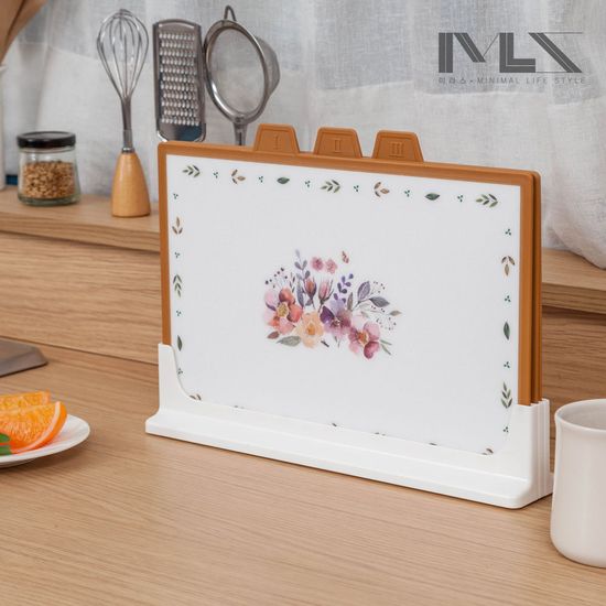 미라스 플로랄 사각 인덱스 도마 4P 거치대 세트