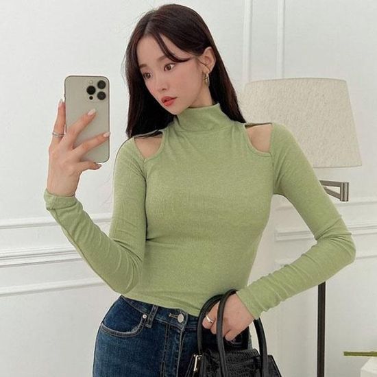 [애슬릿]여성 무지 어깨 트임 반목 폴라 긴팔 티셔츠