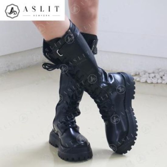 [애슬릿]여성 버클 스트랩 레이스업 워커 롱 부츠 5cm