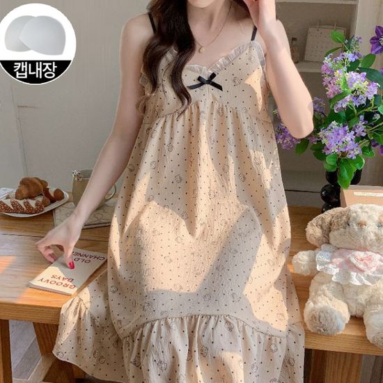 레온 도트 홈웨어 노브라 파자마 원피스 여름 잠옷