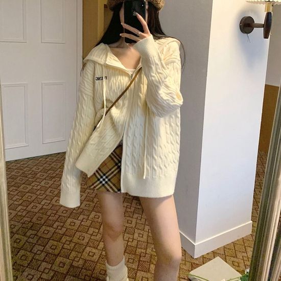 여성 꽈배기 루즈핏 후드 니트 집업 롱기장(WD4E49B)