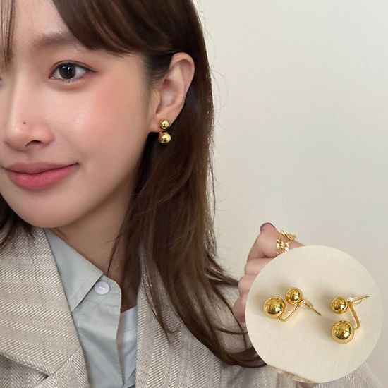 루크 골드 실버 더블 볼 귀걸이