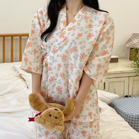 순면 플라워 유카타 잠옷 봄 가을 홈웨어 파자마
