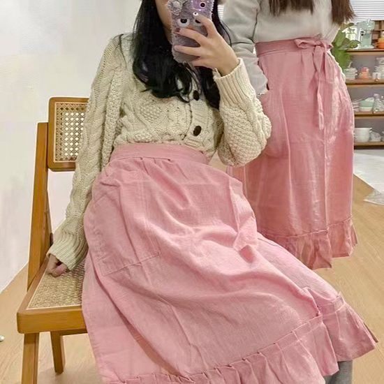 [레오네] 린넨 프릴 허리앞치마 어린이집 카페 공방