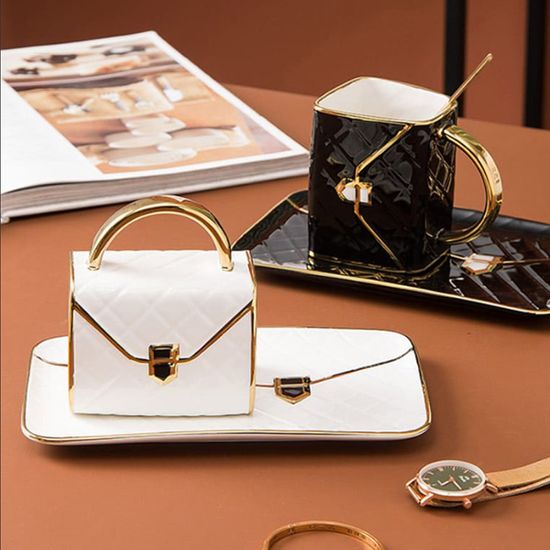 Classy 세라믹 핸드백 티컵 3p세트 (머그+티푼+접시)