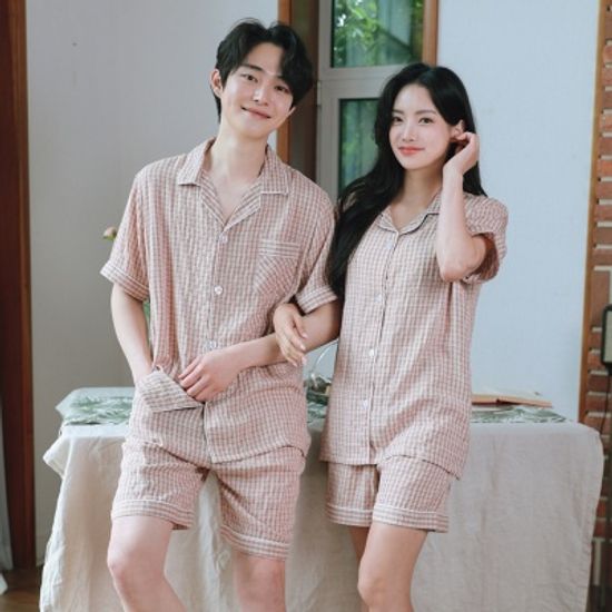 와인 체크 빅사이즈OK 노브라 브라캡 쿨링 커플 잠옷