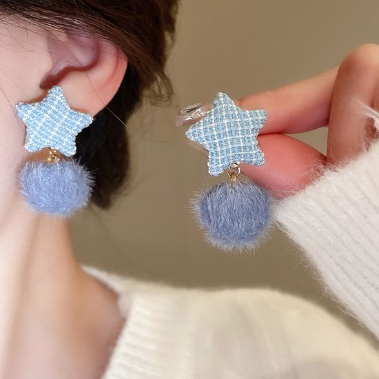 트위드 니트 별 밍크 털 퍼 폼폼 왕볼 드롭 귀걸이