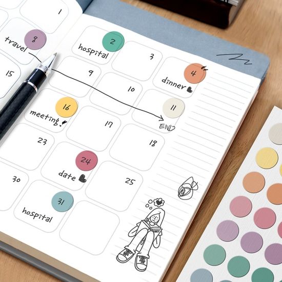 투명 컬러도트15 다꾸 스티커 6종(400개) 문구 사무용