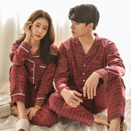 순면기모 트리 체크 겨울 커플 파자마 잠옷