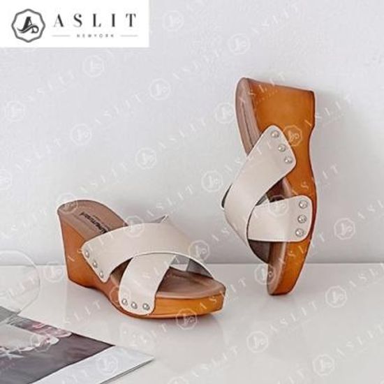 [애슬릿]비건레더 웨지 통굽 여성 엑스 스트랩 슬리퍼