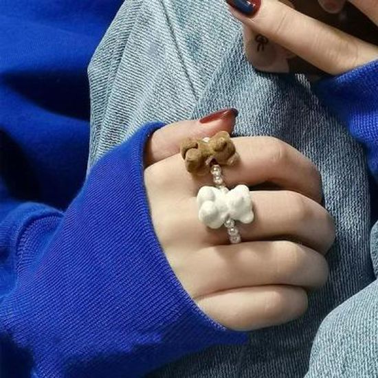 유미야 벨벳 테디베어 미니비즈 포인트 패션 반지