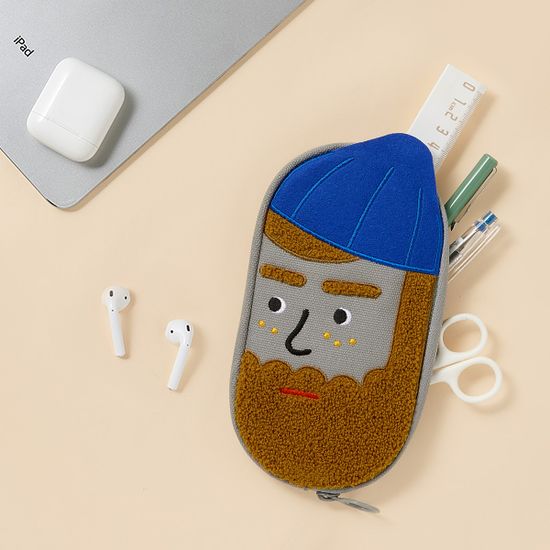 캔버스 필통 부클 자수 펜 파우치_비어드맨_프렌드