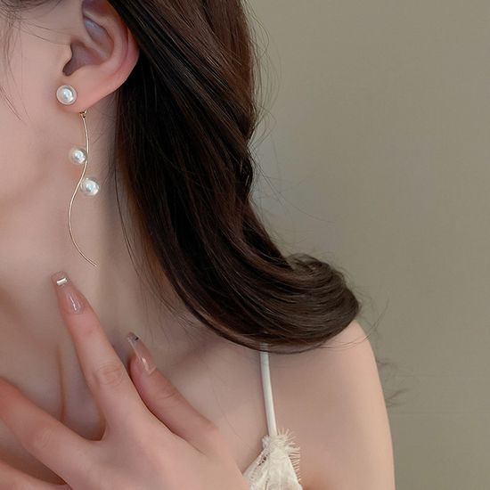 골드 라인 펄 진주 긴 롱 드롭 귀걸이 파티 웨딩 촬영
