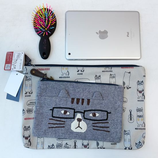 쿠스구루 네코마루케 사각 파우치 세트 그레이 블루