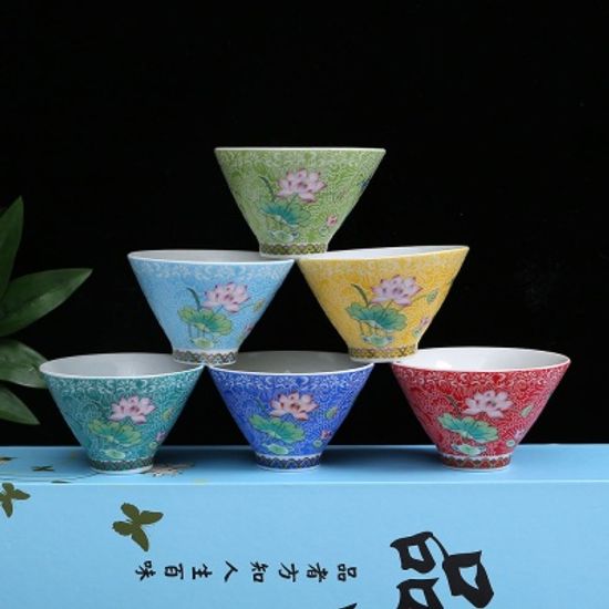 레트로 플라워 다기 찻잔 6p세트(70ml) (연꽃) 사케잔