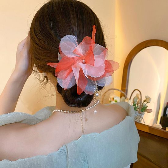수채화 쉬폰 플라워 체인 진주 드롭 비녀 헤어비녀 핀