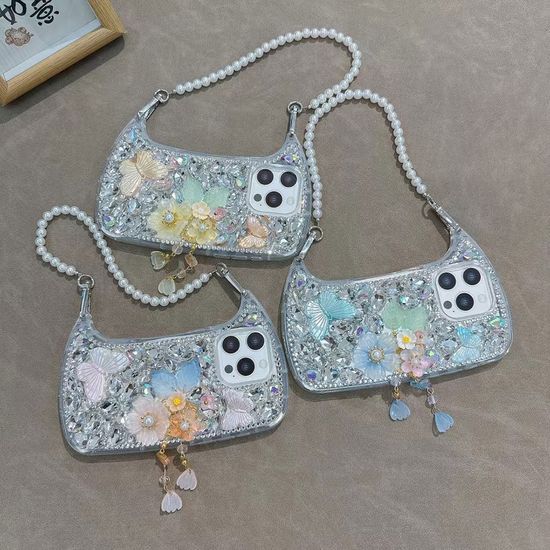 아이폰 15 14 13 12 큐빅 파츠 스트랩 핸드백 케이스