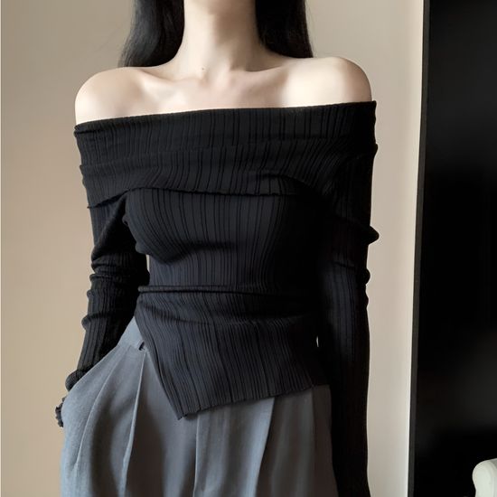 골지 오프숄더 언발 트임 티셔츠 데일리 기본 베이직