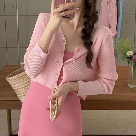 여성 여름 데이트룩 진주 브이넥 크롭 가디건