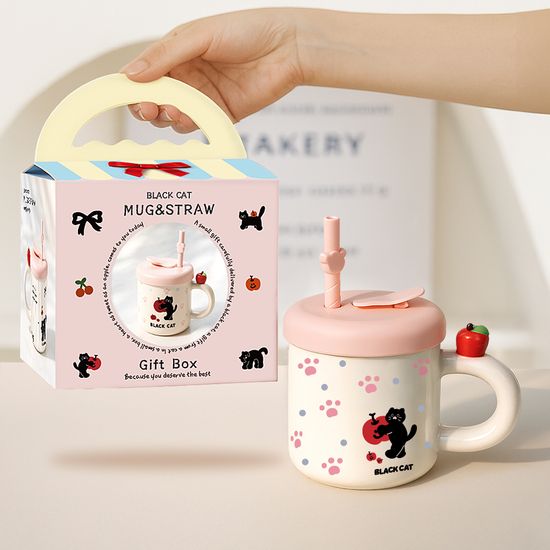 레토 실리콘 빨대 뚜껑 블랙캣 머그컵 세트 380ml