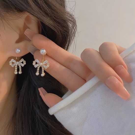 진주 큐빅 눈꽃 리본 드롭 귀걸이 데일리 패션 귀고리