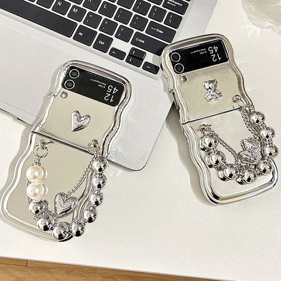 갤럭시 z플립 5 4 3 실버 메탈릭 물결 스트랩 케이스