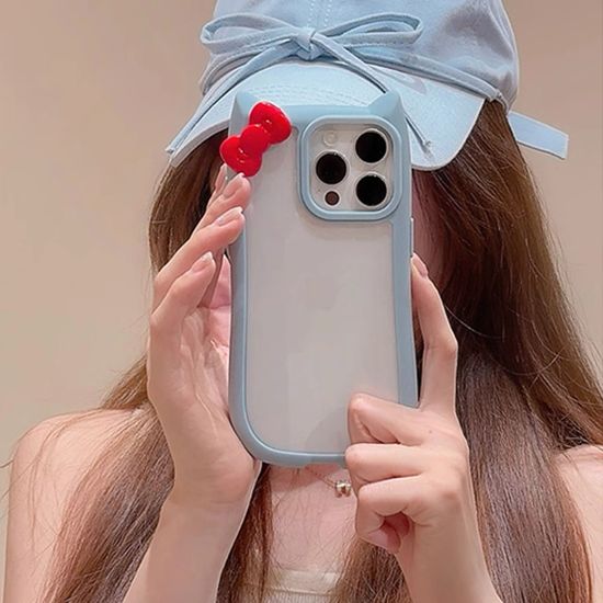 아이폰 15 14 13 12 빨간 리본 고양이 귀 투명 케이스