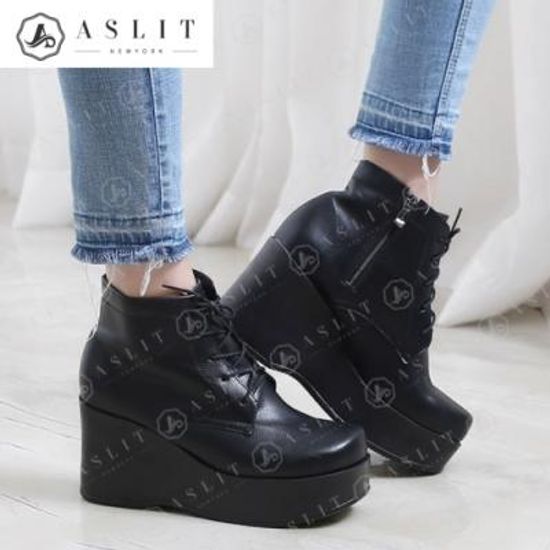 [애슬릿]여성 통굽 웨지 지퍼 워커 앵클 부츠 8cm