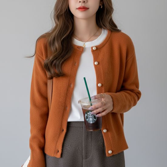 여성 데일리 가을 진주알 단추 부드러운 니트 가디건