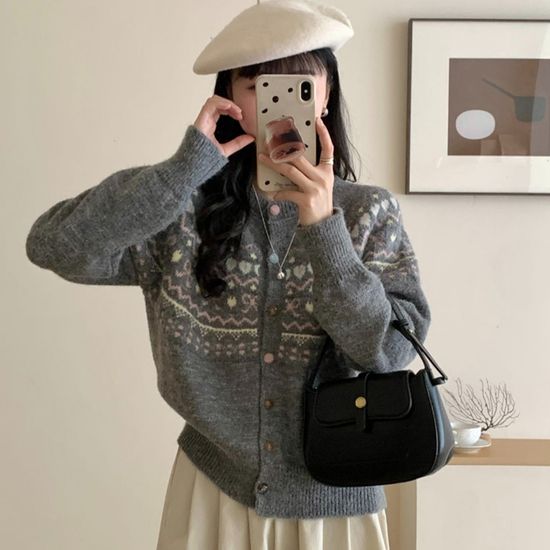 포근 핑크 노르딕 니트 가디건