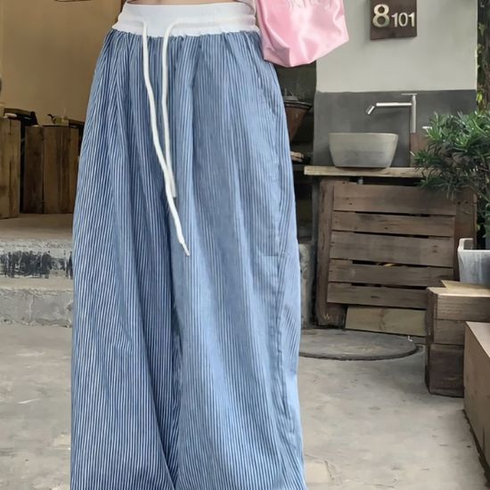 여성 썸머 스트라이프 와이드 밴딩팬츠