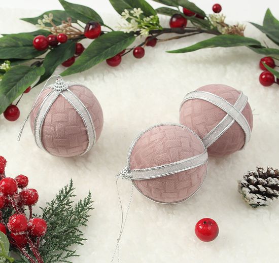 핑크 블라썸 패브릭 장식볼 3p(8cm) (화이트 라인)