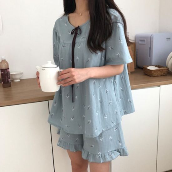 시원한 순면 100% 잔플라워 파자마 여름 잠옷