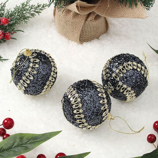 [도토로]다크블루 장식볼 3p(8cm) (골드회오리)