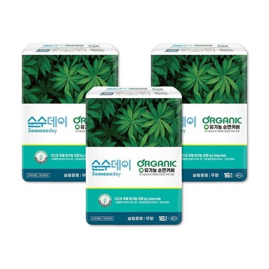 순수데이 오가닉 프리미엄 유기농생리대 중형 16P 3팩