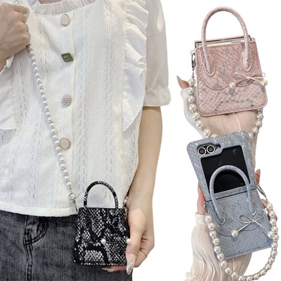 갤럭시 z플립 악어 가죽 핸드백 진주 스트랩 케이스