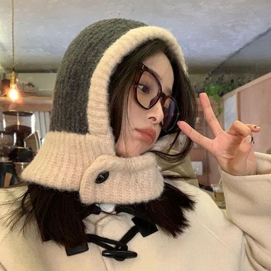 겨울 귀여운 배색 바라클라바 니트 넥워머 버튼 단추