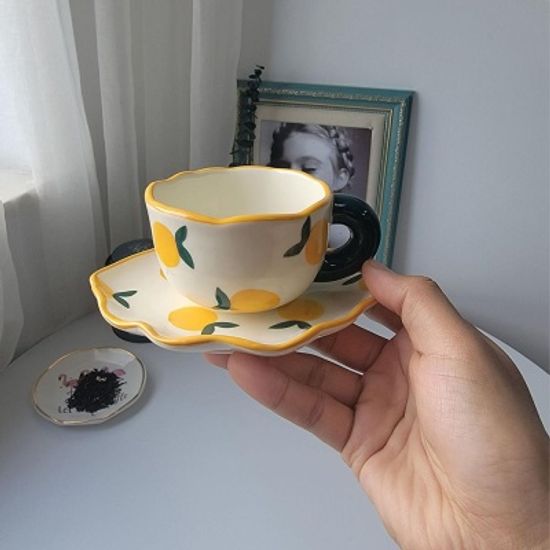 홈카페 비정형 상큼 유자 세라믹 머그컵 소서세트